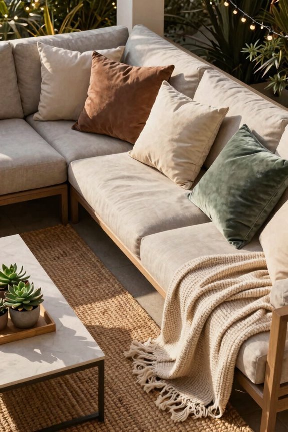 layered outdoor cushions throws