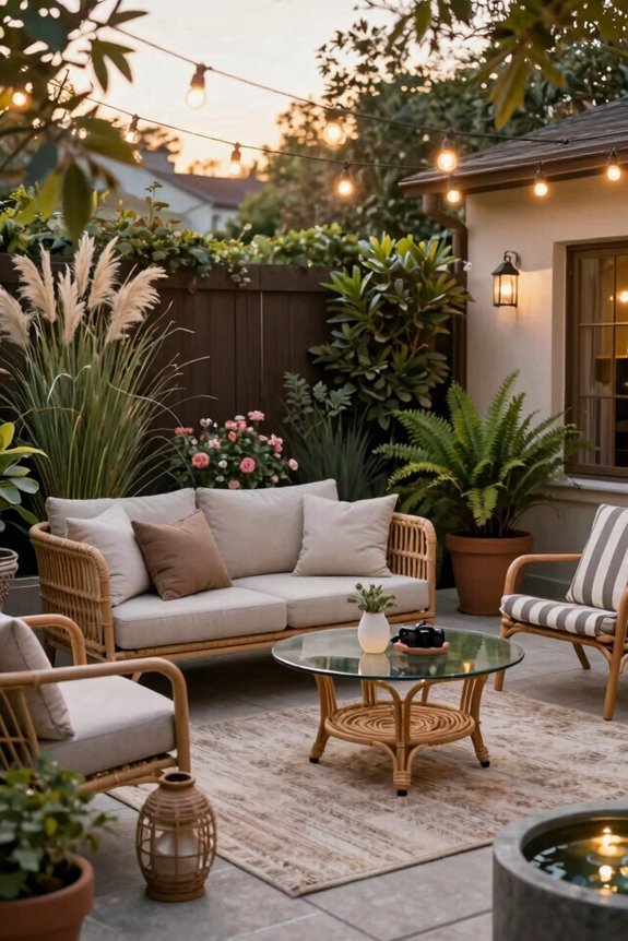layered outdoors lighting greenery textiles