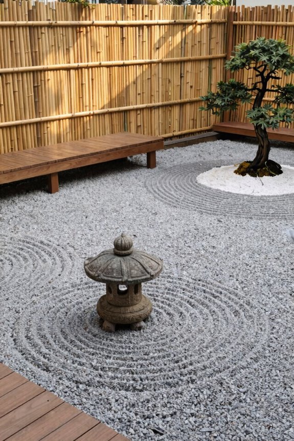 raked gravel greenery serenity