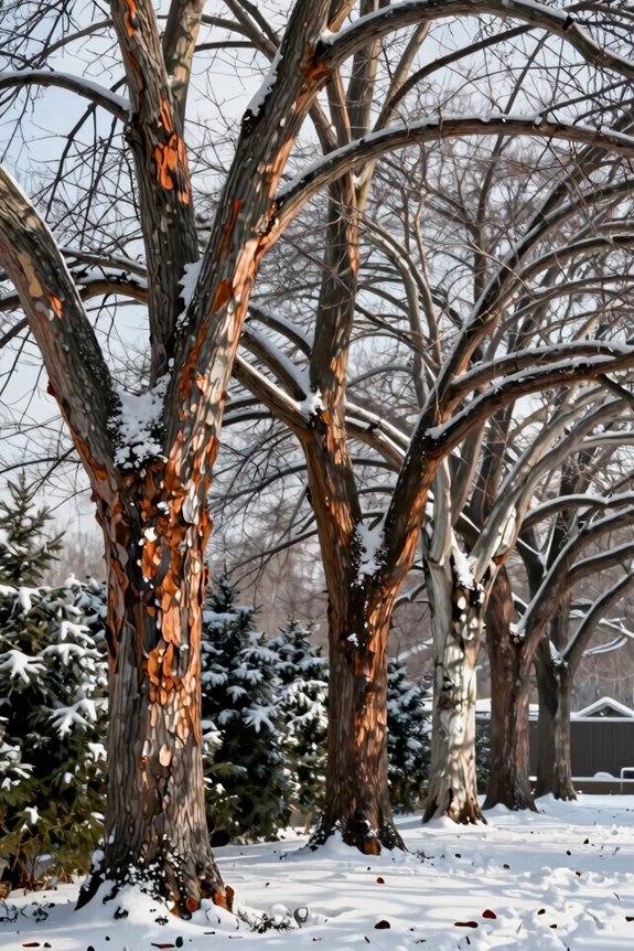 winter bark sculptural shade trees dominate